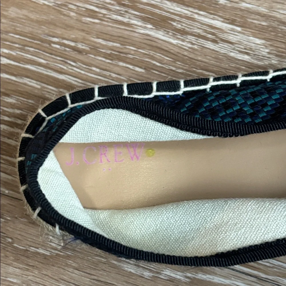 J Crew blue and black patterned espadrille flats, size 8